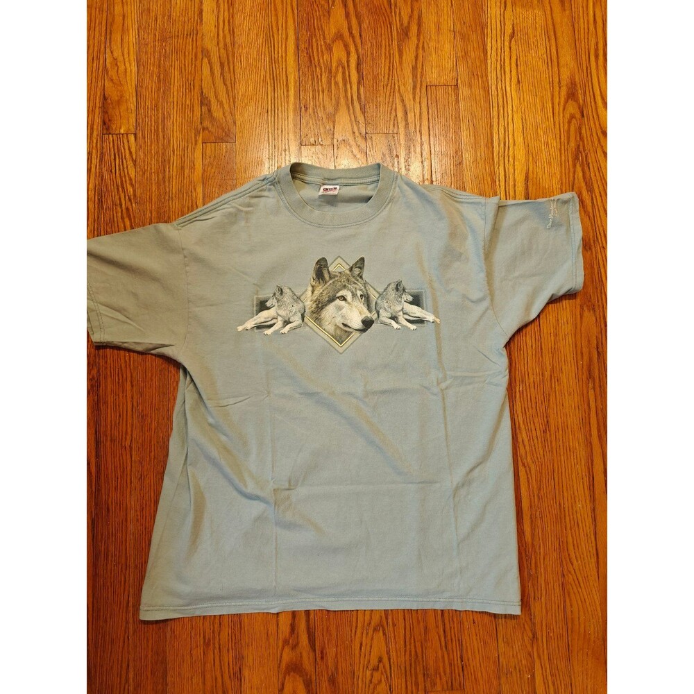 Vintage Wolf Animal Print T Shirt Size XL Anvil Cooks Forest Nature